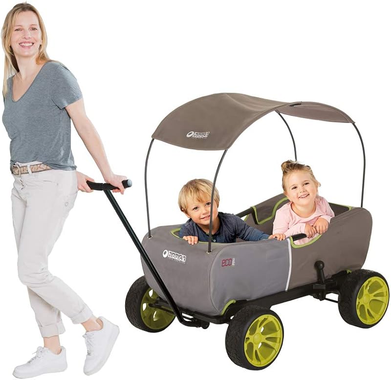 Eco Mobil Carro de Mano, apto para 2 Niños, Carro Transporte Plegable, Antivuelco, Toldo, Bollerwagen Niños, Asiento Acolchado, Freno, Carro Plegable, Carga Máxima 50 kg, Forrest Grayge