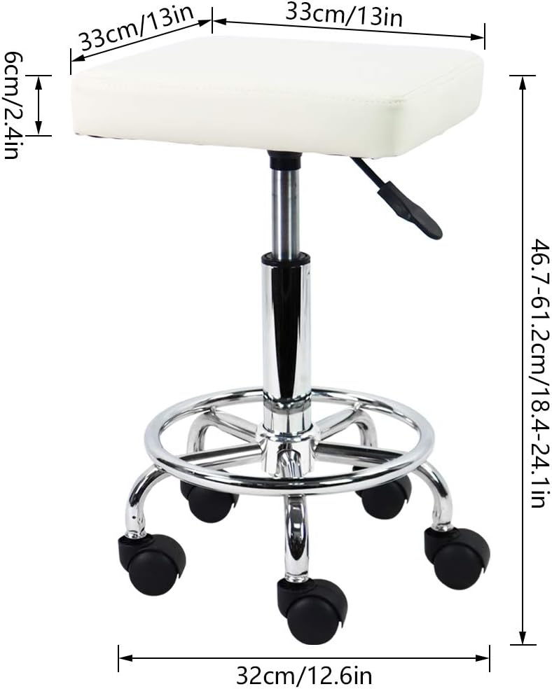 KKTONER Square Rolling Stool with Foot Rest PU Leather Height Adjustable Medical Spa Drafting Salon Tattoo Work Swivel Stools Task Chair Small (White): Kitchen & Dining