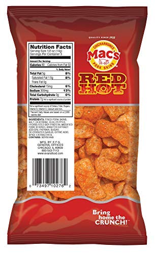 Mac's Hot Pork Skins - Low Carb, Keto Friendly Snack - Crunchy Chicharrones/Pork Rinds (1.5 oz bags, 24ct)