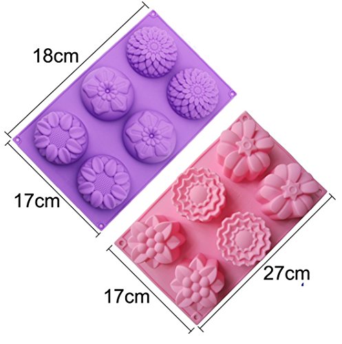 Kakasogo 2 PCS 6 Cavity Assorted Flower Shapes Silicone Soap Mold forÂ Handmade DIY Cake Chocolate Cupcake Biscuit Bath Bomb Bread Muffin CandleÂ Ice Cube Making Mould Tool Set(Pink and Purple)