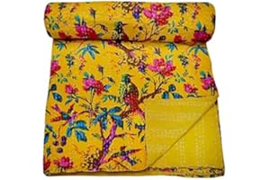 Rajasthaniartdecor Indian Reversible Kantha Quilt for Living Dorm Room Bed Cover Handmade Stitched Pure Cotton Bird Print Bedspread Kantha Quilt (Yellow, King (90x108 Inch))