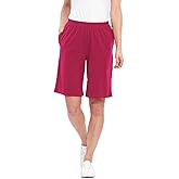 AmeriMark Women’s Full Elastic Waist Athletic Bermuda Shorts - Ladies 100% Cotton Pull-On Golf Shorts with Pockets