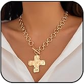 WETMT Chunky Cross Necklace for Women Gold Statement Cross Pendant Necklace Layered Toggle Chain Necklace Hammered Cross Bold Choker Necklace Thick Vintage Jewelry