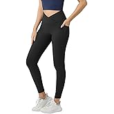AARYA Women's Ribbed Leggings with Pockets, Cross Front High Waist Compression Workout Yoga Pants Gym Clothes, 25 inch