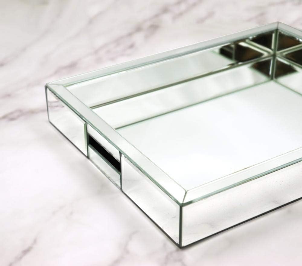 Rectangle Silver Mirror Decorative Tray Size 11” Length x 14” Width x 2” Height, Mirrored Vanity Organizer with Hand, Markup Perfume Jewelry Tray for Bathroom Bedroom Dresser Coffee Table qmdecor: Kitchen & Dining