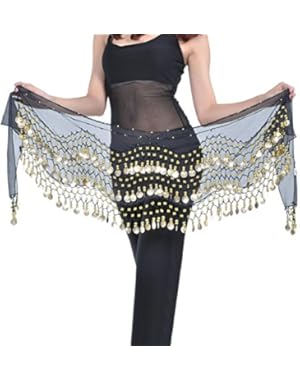 Vogue Style Chiffon Dangling Gold Coins Belly Dance Hip Scarf US Seller