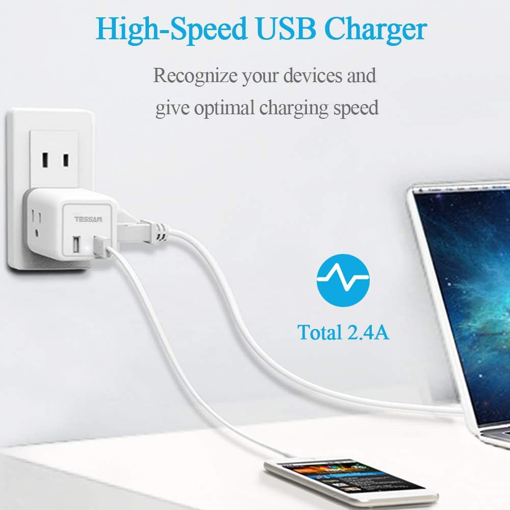 3 Prong to 2 Prong Adapter, TESSAN 3 Outlets with 2 USB Wall Charger, Multi Plug Outlet Extender Splitter, Travel Power Adapter Plug for US to Japan Canada Mexico Philippines - Type A - - 