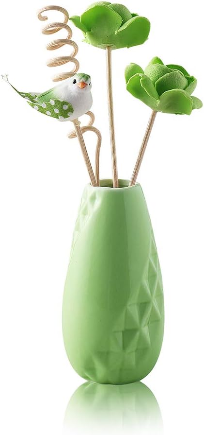 MAKWAY Essential Oil Perfume Diffuse Set with Artificial Flower Handmade Bird and Ceramic Vase Holder for Home Office Decoration (Green)