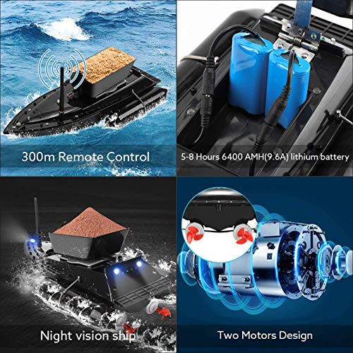 Bateau D’amorce, Bateau De Pêche Rc De 5 Heures D’exécution, Bateau Télécommandé De 300 M, Chargement De 1,2 Kg Anti-herbe Vent Double Moteurs D’appât De Pêche Avec Lumière De Navigateur Led,noir