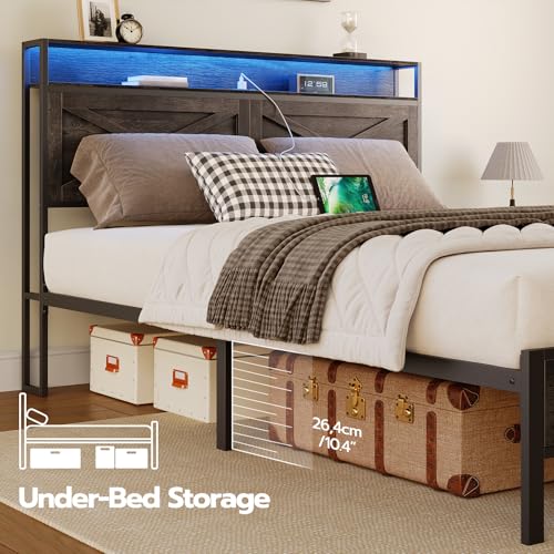 HOOBRO Full Size Bed Frame, Bed Frame with Charging Station and LED Lights, Headboard with Shelves, Heavy Duty Metal Frame, Noise-Free, Easy Assembly, No Box Springs Needed, Charcoal Black BC01UDBF01