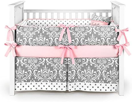 Damask Polkadot Gray Baby Bedding Set (Pink)