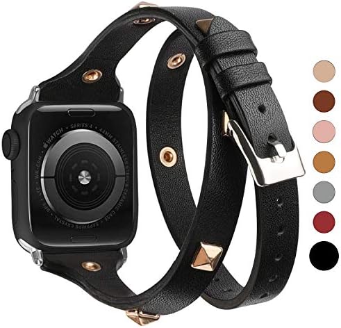 Glebo Leather Double Wrap Band Compatible for Apple Watch 38mm 40mm,Studded with Rose Gold Rivet Watch Bands Strap Compatible for iWatch Series 5 Series 4 Series 3 Series 2 Series 1(Black)