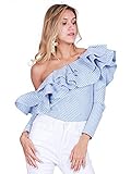 Simplee Apparel Women's One Shoulder Long Sleeve Striped Ruffles Blouse Shirt Tops Blue