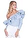 Simplee Apparel Women's One Shoulder Long Sleeve Striped Ruffles Blouse Shirt Tops Blue