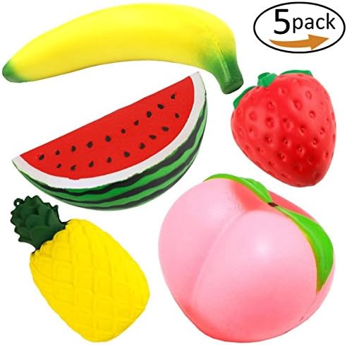 5 Pcs Slow Rising Jumbo Peach Banana Watermelon Pineapple Strawberry Fruit Squishies Kawaii Squishy Charms Party Supplies, Pull back toys, Decompression toys