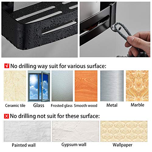 Yeegout No Drill Bathroom Shelves with Removable Hooks Aluminum Adhesive Shower Caddy Storage (Black Square)