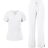 COZYFIT Scrubs for Women - Mock Wrap Top & Straight Leg Pants with 6 Pockets, Back Princess Seams, Soft Fabric