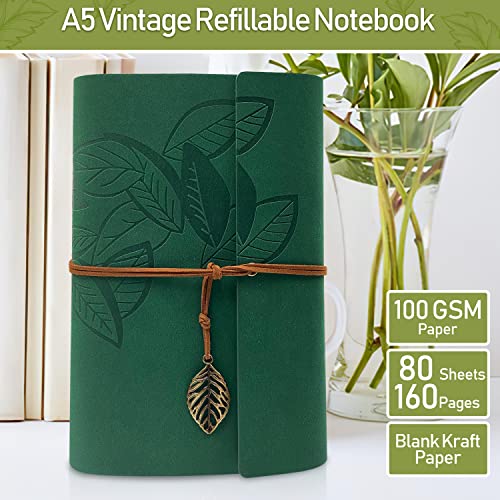 Joy & Inspiration Vintage PU Leather Notebook Refillable Bound Beautiful Travel Diary with Kraft Paper Sheets Can be Used as Sketch Pad Notebook Diarios (A5 Green)