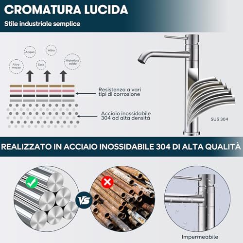 DETBOM 360° Swivel High Basin Tap, Single Lever Hot and Cold Water, Bathroom Mixer Tap in 304 Stainless Steel, Removable Aerator, Brushed Silver