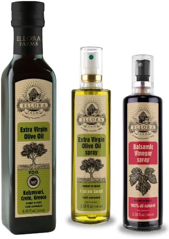 Ellora Farms | 100% Pure Extra Virgin Olive Oil | 100% Single Origin | World's First Traceable Olive Oil | Combo Pack as shown | PDO Bottle and Glass Sprays ( Pack of 3)