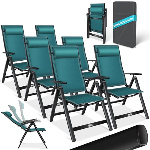 KESSER® Gartenstuhl Hochlehner mit Armlehnen 6er Set Aluminium Klappstuhl mit Kopfkissen & Abdeckung Campingstuhl 7-Fach Verstellbar Rückenlehne Atmun