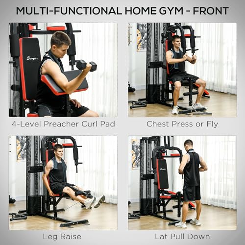 Soozier All-in-One Home Gym System, Multi Gym Workout Station with Weight Stack, LAT Pull Down, Sit up Bench, Push up Stand, Adjustable, for Full Body Training