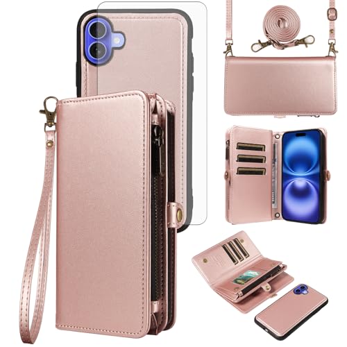 Asuwish Phone Case for iPhone 16 6.1 inch Zipper Wallet Detachable Cell Cover with Tempered Glass Screen Protector Crossbody Lanyard Strap Flip Card Holder Slot i Phone16 i16 16Case Women Rose Gold
