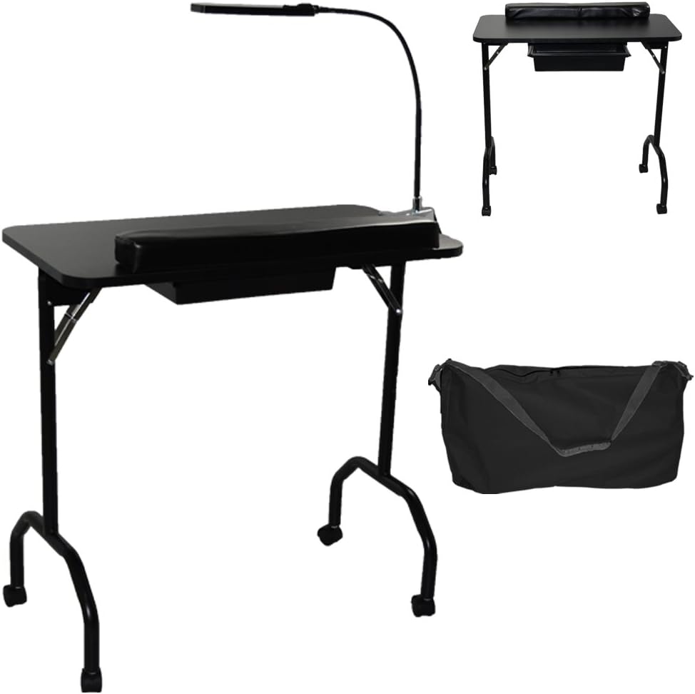 Black Portable Folding 1-Drawer Manicure Table with Wrist Pad, LED Lamp and Free Carrying Case