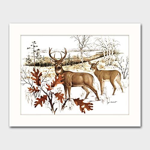 White Tail Deer Art w/Mat (Country Cabin Wall Decor, Rustic Wildlife Artwork) "Buck and Doe" -- Vintage Matted Print