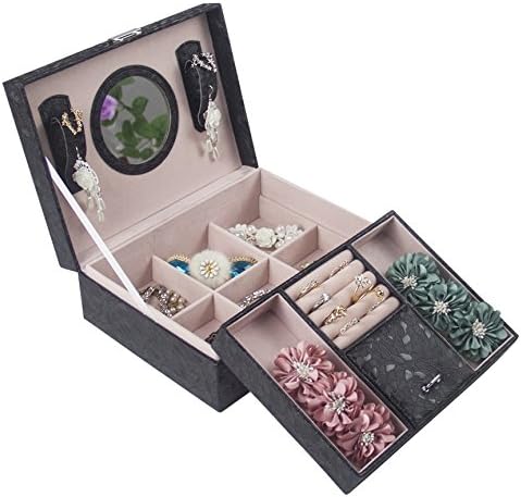Angela and Tina Mothers Day Jewelry Box Organizer For Women 2 Layers Tray Lockable Mirrored PU Leather Black