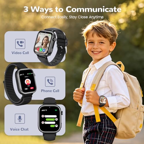 4G Montre Connectée Enfant avec GPS et Visiophonie, Smartwatch Enfants avec Appels, Chat Vocal, SOS, Mode École, Étanchéité IP68, Podomètre, Réveil, Cadeau pour Filles et Garçons de 4 à 15, Noir