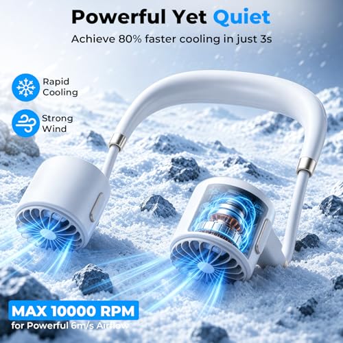 Silent Neck Fan, Portable Neck Fan 6 Speeds, 10000 RPM, 4000mAh Battery (5-16H), Neck Fan with Long Lasting Battery, Neck Fan for Men Women Amazon