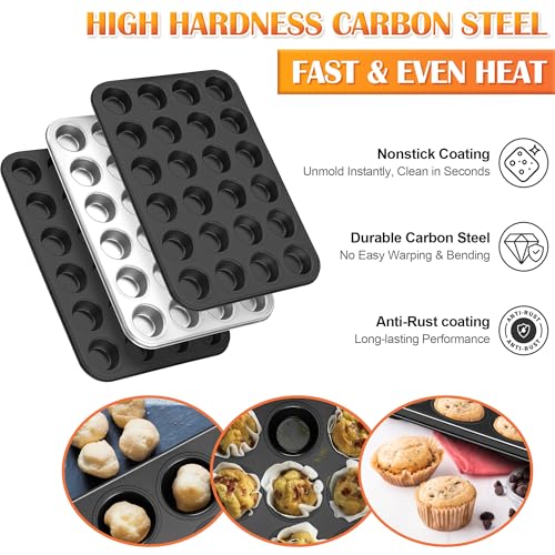 E-far Mini Muffin Pan - 24-Cup Nonstick Carbon Steel Cupcake Tin for Perfect Mini Muffins & Cupcakes, Warp-Free Bakeware for Even Baking & Easy Release, Oven Safe