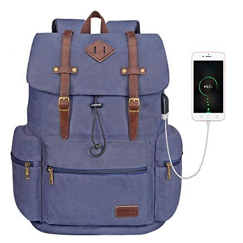 Canvas Leather Laptop Rucksack Backpack Vintage Bookbag for Women Men, Modoker Travel Laptop Backpack with USB Charging Port College School Bookbag Computer Bag Vegan Daypack,Blue