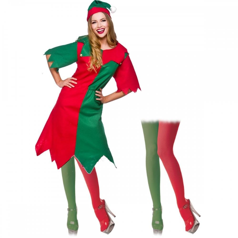 A2ZFD Christmas Elf Santa's Little Helper UK 14-24 Ladies Fancy Dress Xmas Costume + Tights (Med - UK Size: 14-16, Green & Red Tights)