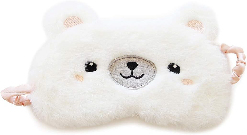 Cute Sleep Mask - Soft and Comfortable Animal Plush Blindfold Eye Cover for Kids Girls Women, Great Eyeshade for Travel, Shift Work, Meditation, Washable(White Bear)