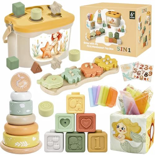 Anook Montessori Toys 6 Months, 5 in 1 Games Early Learning Baby 6-12 Months with Baby Cube, Baby Shape Game, Tissue Box, Montessori Games 6-24 Months for Baby Girl Gift