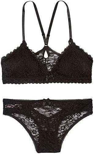 Urban People Unlined Plunge Pullover Style X Back Straps Wireless Lace Bralette and Pantie(Match Set) (32B-34A, Black, S)