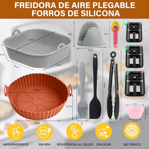 GALASALA Silicona para Freidora de Aire, 14Pcs Moldes para Freidora de Aire, que Incluye 4Pcs Air Fryer Silicon y Guantes, Pinzas, Brocha de Aceite, Accesorios Air Fryer Reutilizable Antiadherente