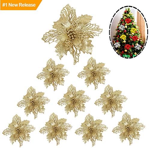 MEETJAN 10 Pieces Glitter Poinsettia Flowers Christmas Tree Poinsettia Ornaments Home Decor for Xmas Tree Window Door for Christmas Valentine's Day Wedding New Year Floral Decorations