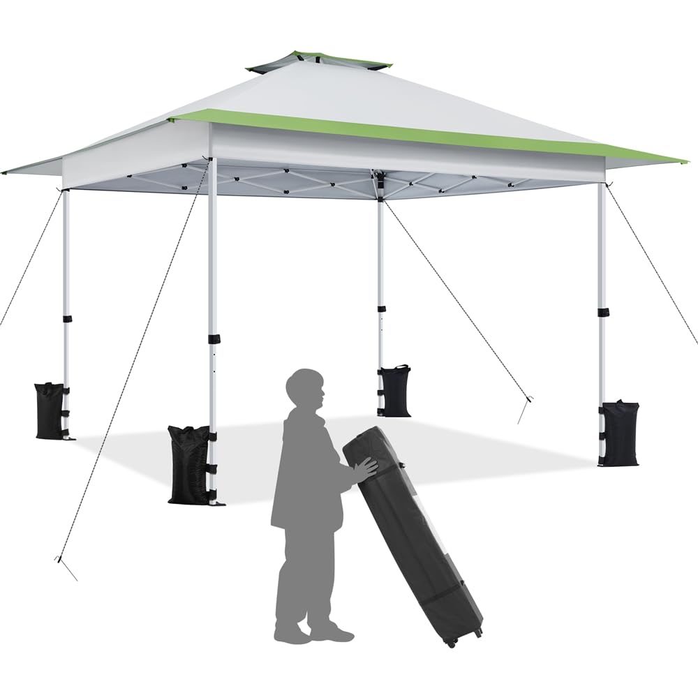 Photo 1 of **FOR PARTS/HAS DAMAGES & MISSING SANDBAGS** Yaheetech 13x13 Pop Up Canopy Tent, Straight Leg Easy Set-up Height-Adjustable Folding Shelter w/Extending Eaves Set W/Sandbags & Rolling Storage Bag & Ground Anchors & Guy Lines?Light Gray/Green