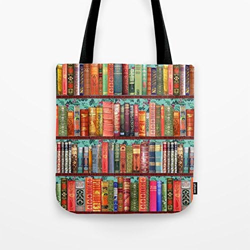 Women's Vintage Books / Christmas Bookshelf &amp; Holly Wallpaper Cotton Linen Tote Bag 16 x 16 Inch Durable Shopping Bag