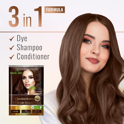 Herbishh Hair Color Shampoo For Gray Hair–Natural Hair Dye Shampoo With Argan Hair Mask–Travel Size-Colors Hair In Minutes–Long Lasting Colour–10Pack+1Pack–Ammonia-Free (Chestnut Brown)