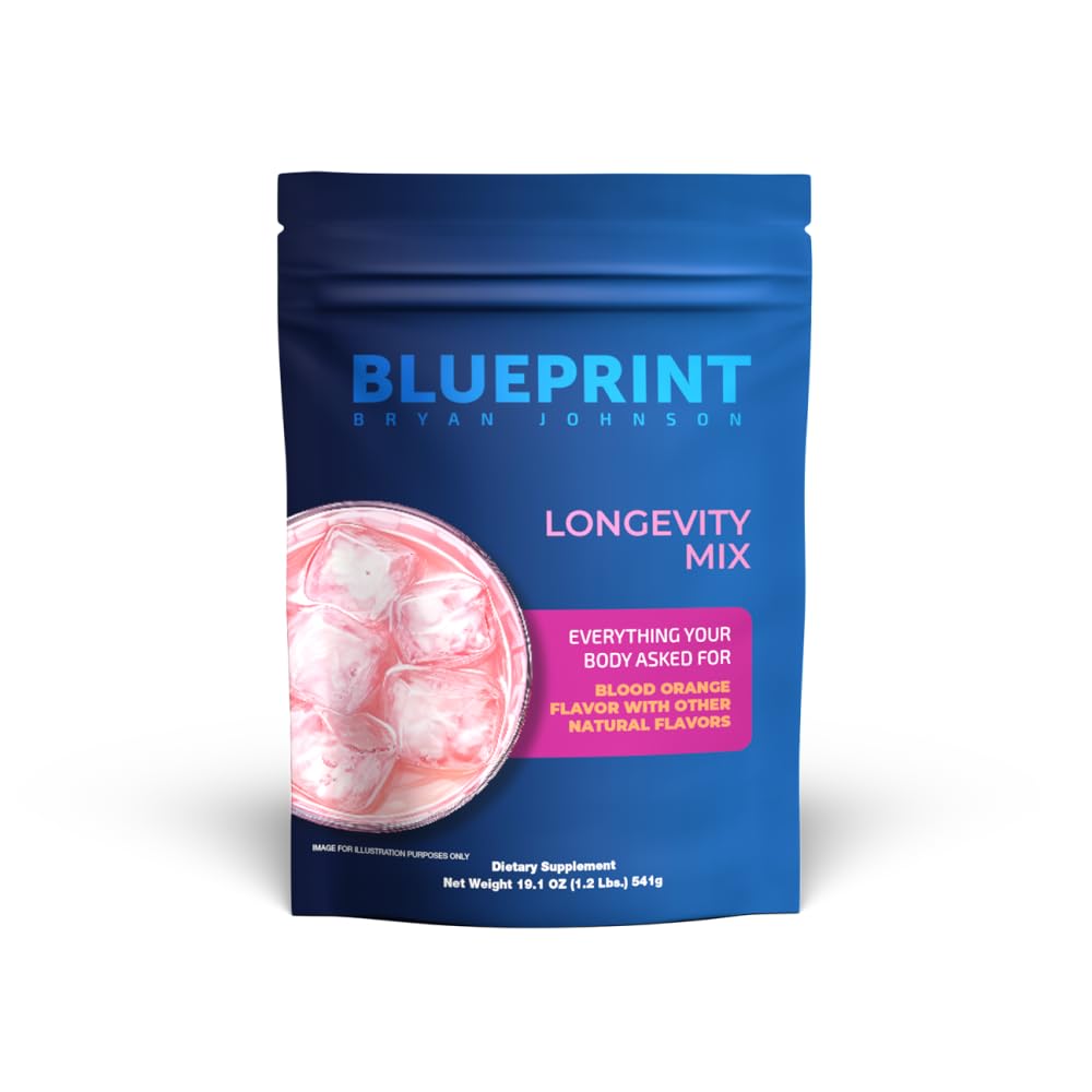 Blueprint Bryan Johnson Longevity Mix - Muscle Builder & Recovery Supplement - Promotes Focus and Balanced Mood - Magnesium, Creatine, L-Theanine, Glutathione & Vitamin C- 30 Servings, Blood Orange