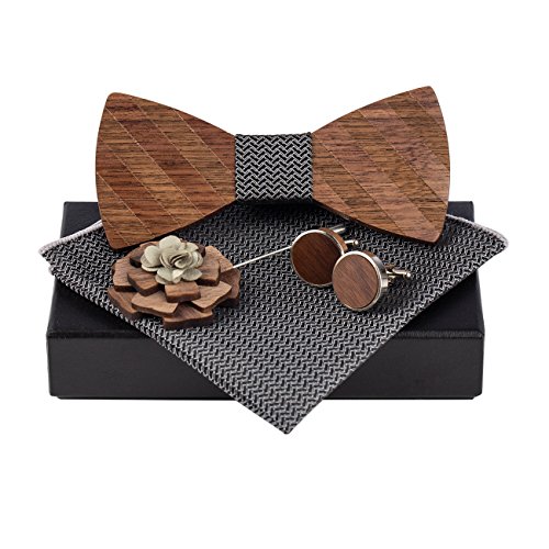Amzchoice Classic Handmade Mens Wood Bow Tie with Matching Pocket Square Men's Cufflinks Lapel Flower Set (116)