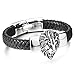 COOLSTEELANDBEYOND Mens Large Braided Leather Bracelet with Stainless Steel Lion and Black Genuine Leather Straps