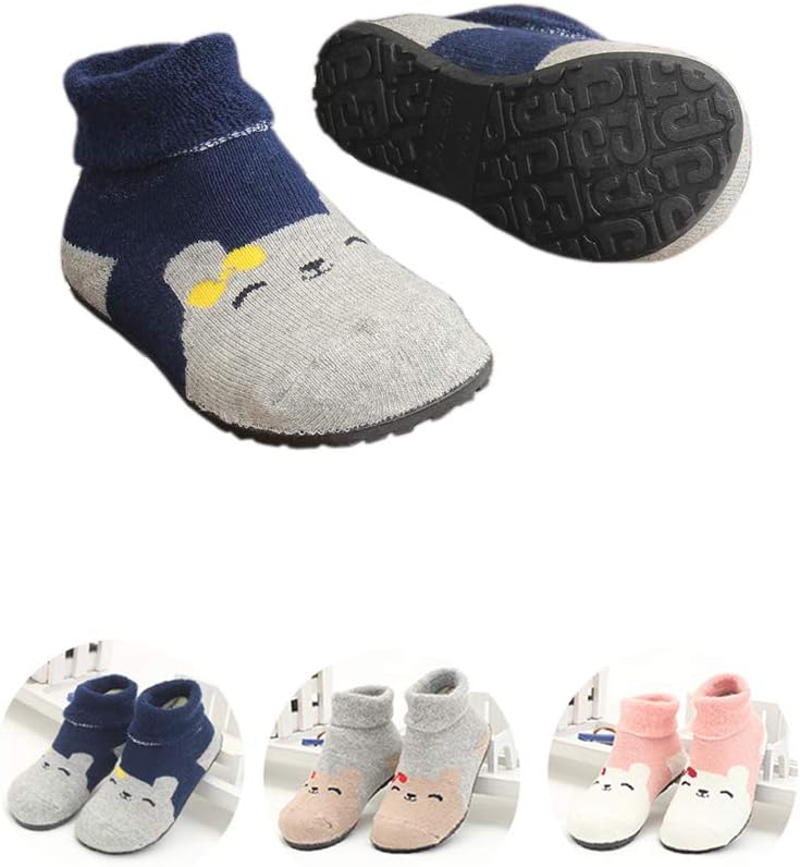 Slipper Socks for Kids Girls Boys Baby Floor Shoes Socks Rubber Bottom Soles Travel Totel Portable Protect Feet (Dark Blue Bear, 7 1/2")