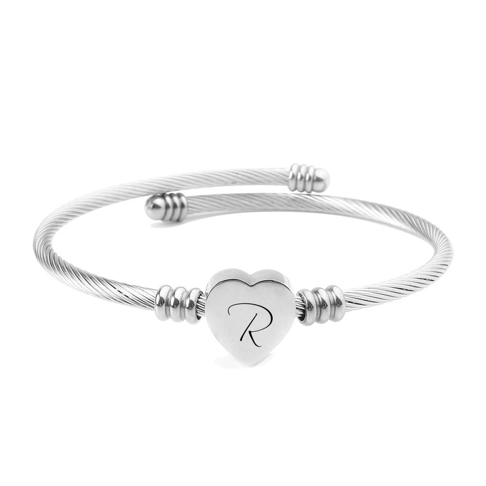 ShopINess Silver Heart Cuff Bangle Heart Letter Silver Bracelet for Women A-Z Mother's Day Birthday Christmas Anniversary R