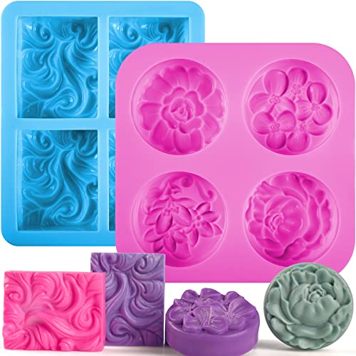 Sakolla 2 Stück Silikon-Seifenformen, 6 Mulden, rechteckig, runde Seifenformen, Wellen, Blumenformen, für Seifenherstellung, handgefertigte Kuchen, Mo