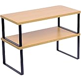 Sben Cabinet Organizer Shelf, Set of 2 Kitchen Counter Shelves, Kitchen Storage, Spice Rack, Stackable, Expandable, Metal and Engineered Wood, Ink Black and Natural Beige